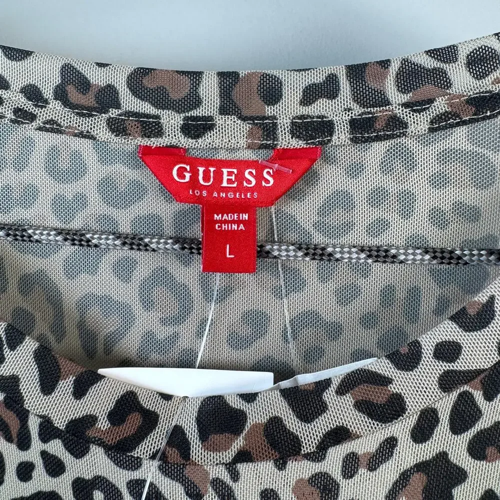 Guess Women's L NWT Leopard Sheer Long sleeve Sparkle Guess Logo Top - Picture 5 of 7